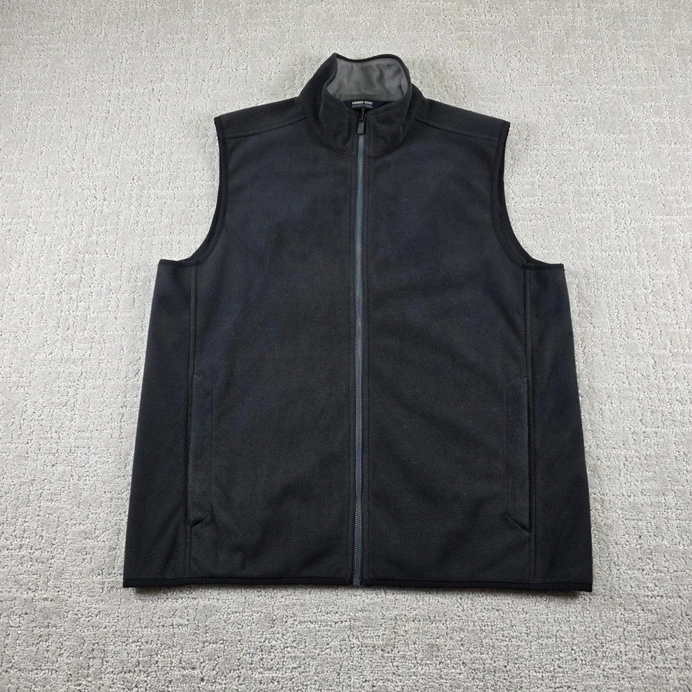 Lands End Outfitters Mens Medium Fleece Vest Black Full Zip Mock Neck Pockets